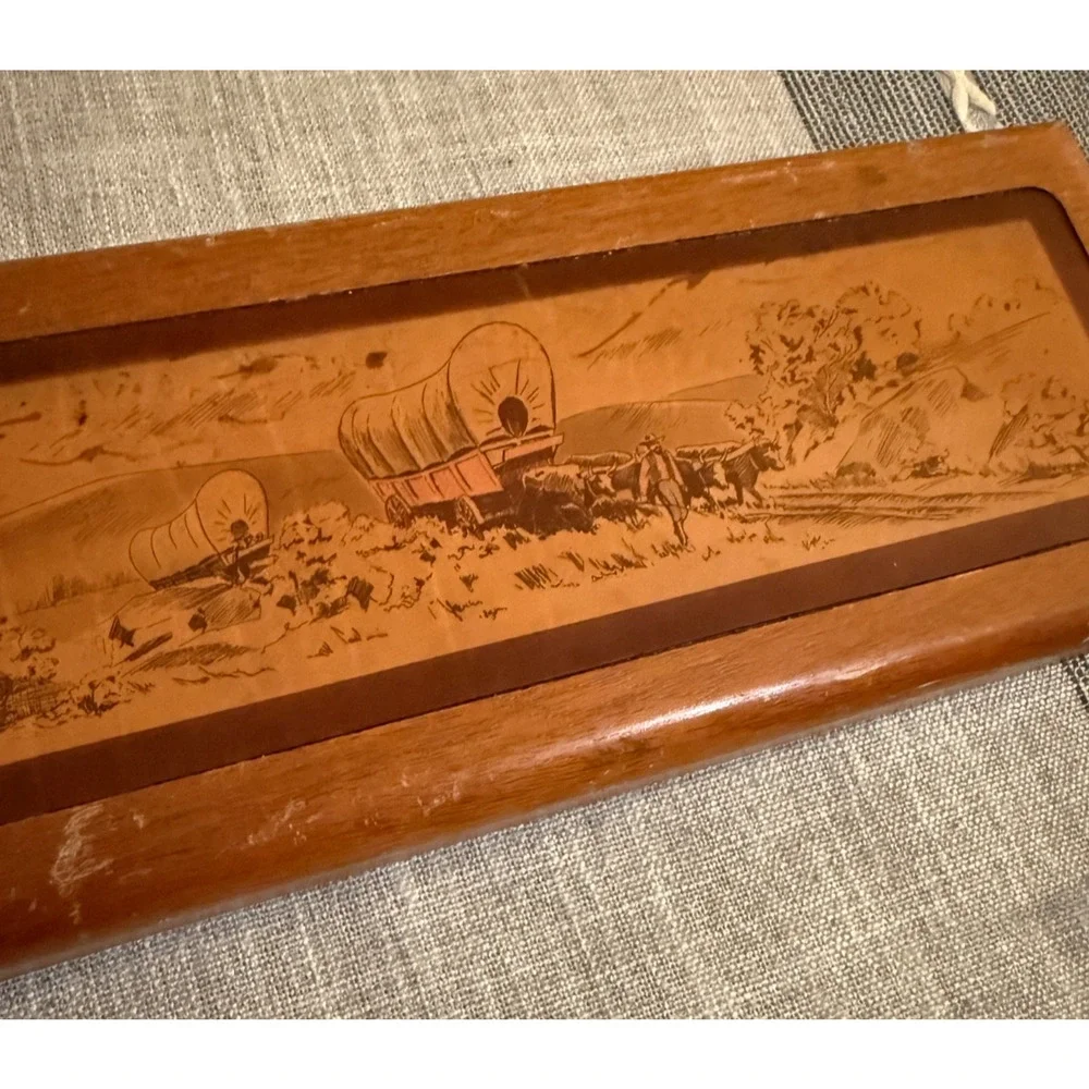 🃏 Vintage Mahogany Wood Playing Card Box Holder w/ Scenic Lid – 11”